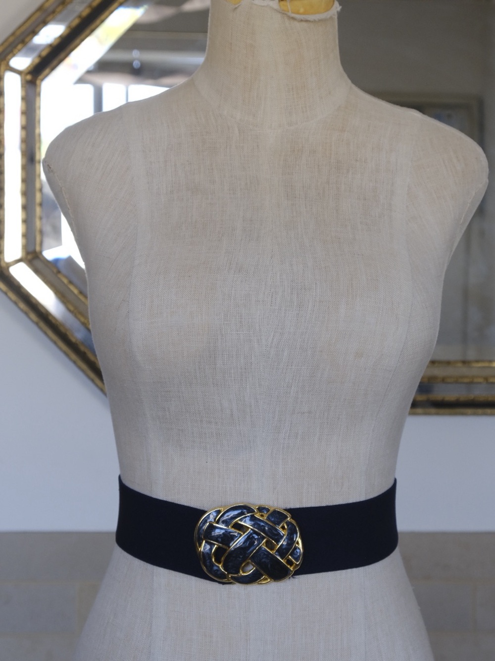 gold knot buckle navy elastic waist belt